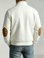 Spring/Autumn New Men's Stand Collar Rhombus Jacquard Baseball Jacket, Middle-Aged Business Casual Velvet Elbow Patch Design Knitted Cardigan, European and American Style Simple Versatile Solid Color Zipper Outerwear Top - White