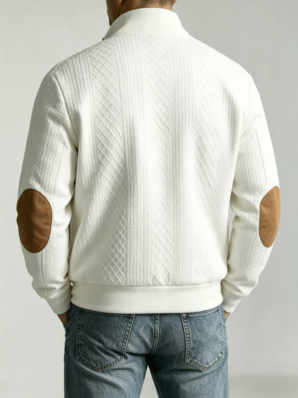 Spring/Autumn New Men's Stand Collar Rhombus Jacquard Baseball Jacket, Middle-Aged Business Casual Velvet Elbow Patch Design Knitted Cardigan, European and American Style Simple Versatile Solid Color Zipper Outerwear Top - White