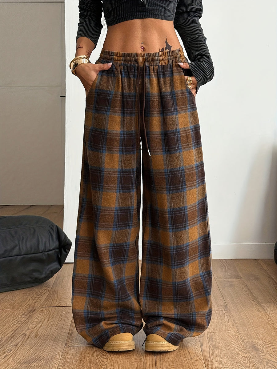 Women'S Plaid Wide-Leg Pocket Drawstring Casual Fashion Fall Winter Trousers - Mixed colors