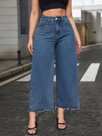 High-Waisted Wide-Leg Pants with Fringe Hem - Full-Length Loose-Fit Jeans, Casual & Dressy Outfits, Machine Washable for - Wear (Suitable for Jeans & -Casual Outfits) - Medium Blue