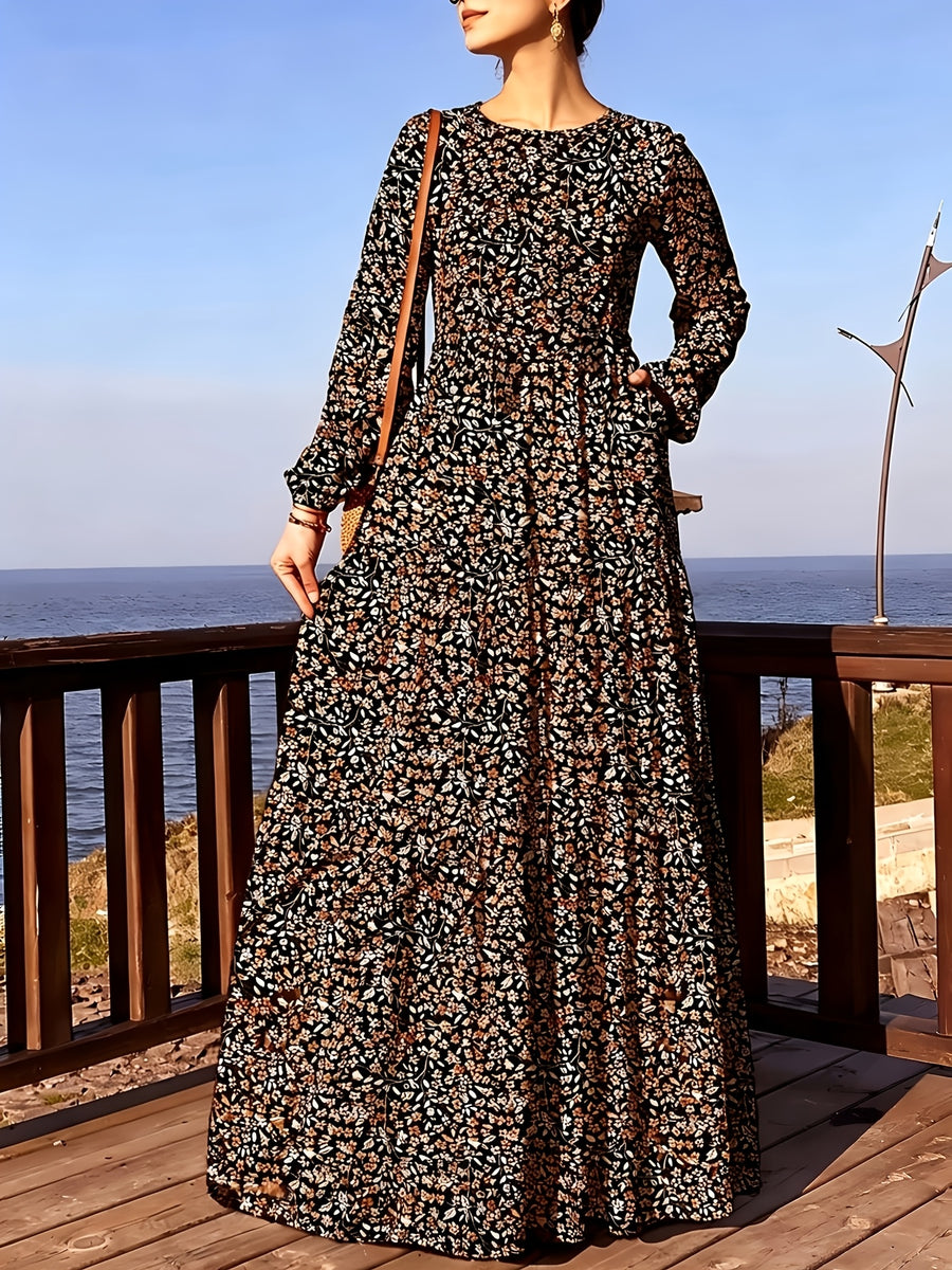 Comfortable Middle Eastern Print Long Dress Robe | Floral Pattern, Long Length, With Belt, Suitable For All Seasons - Multicolor