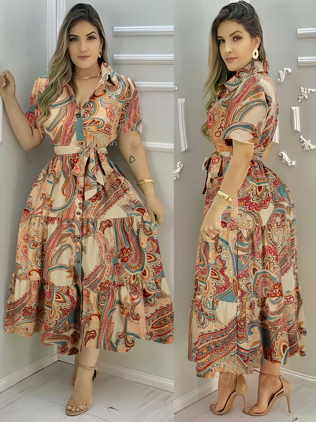Women's New Elegant Tie Shirt Dress - Casual Dress, Front Bow Detail, Boho Style, Paisley Print, Spring & Summer Vacation - Mixed colors
