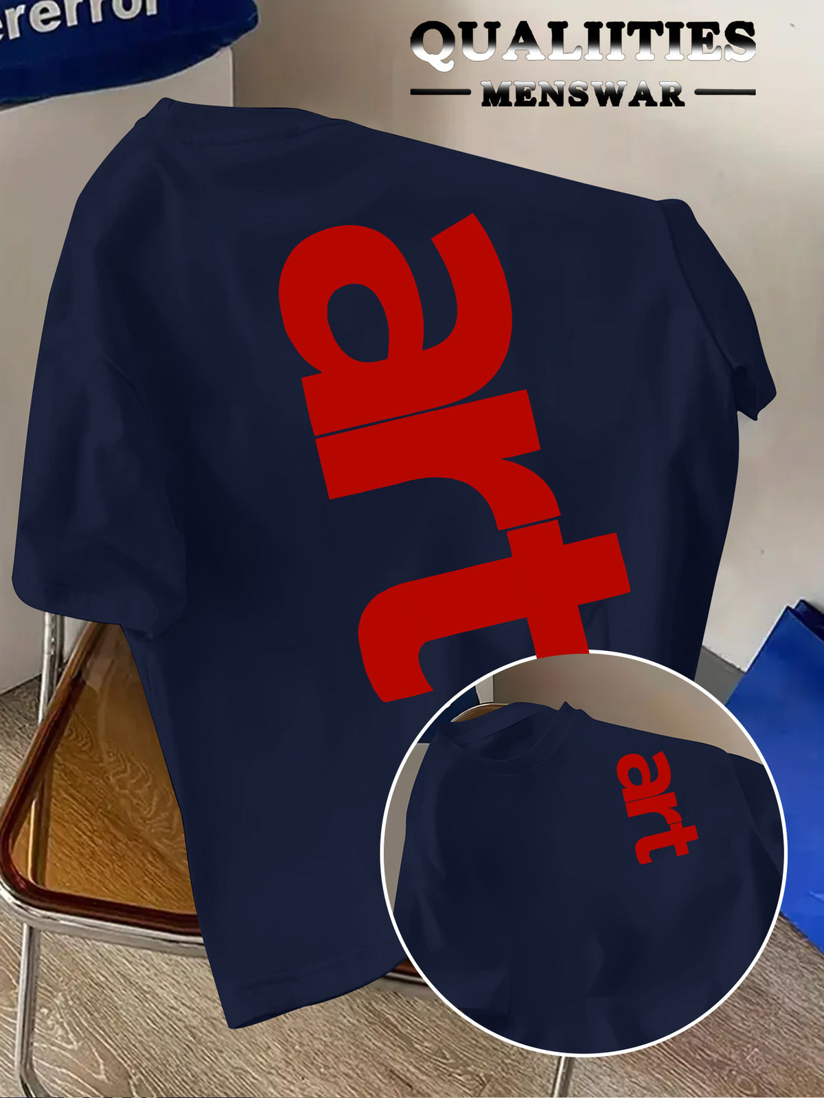 Men'S Fashion Short Sleeve T-Shirt, Minimalist Red Letter Pattern Print, Casual Regular Knit Tee, Suitable for Daily Wear, Couple Style, Unisex, Summer New Arrival, Versatile Style - Navy Color