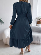 Autumn-Winter Elegant Solid Color Round Neck Long Sleeve Waist-Gathered Ruffle Hem Maxi Dress - Navy Color