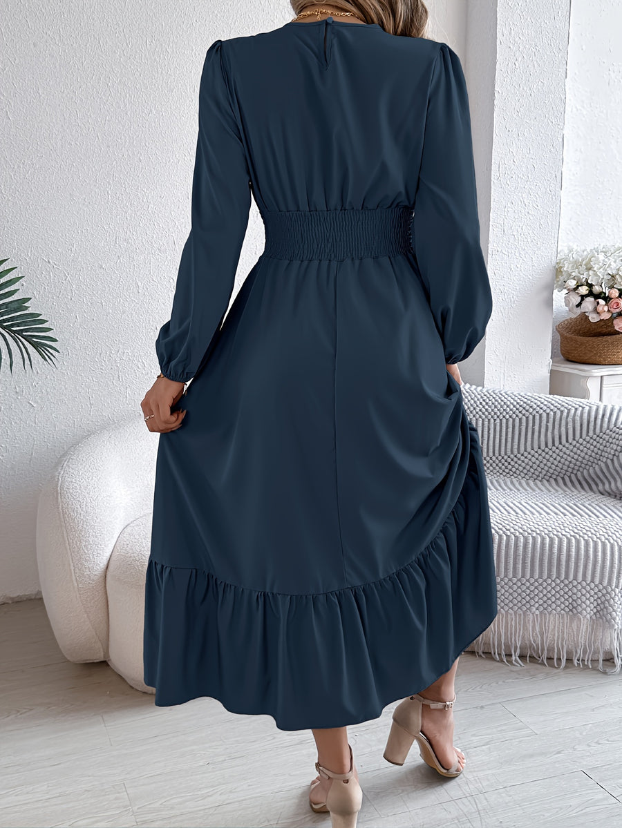 Autumn-Winter Elegant Solid Color Round Neck Long Sleeve Waist-Gathered Ruffle Hem Maxi Dress - Navy Color