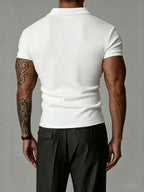 [Josh Mei OBM] 2026 Light Business Men'S White Textured Polo Short Sleeve Vertical Ribbed Henley Half-Button Collar Short Sleeve Stretch Slim Commute Date Versatile Top - White