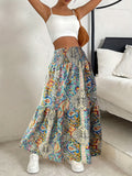 Women's Bohemian Paisley Print Maxi Skirt - 100% Polyester Elastic-Free Flowy Long Skirt with Smocked Detailing & Umbrella Hem, Vibrant Geometric Floral Design for Beach Vacations, Music Festivals, Spring/Summer Casual Wear, Festival Attire, Smooth - Mixed colors