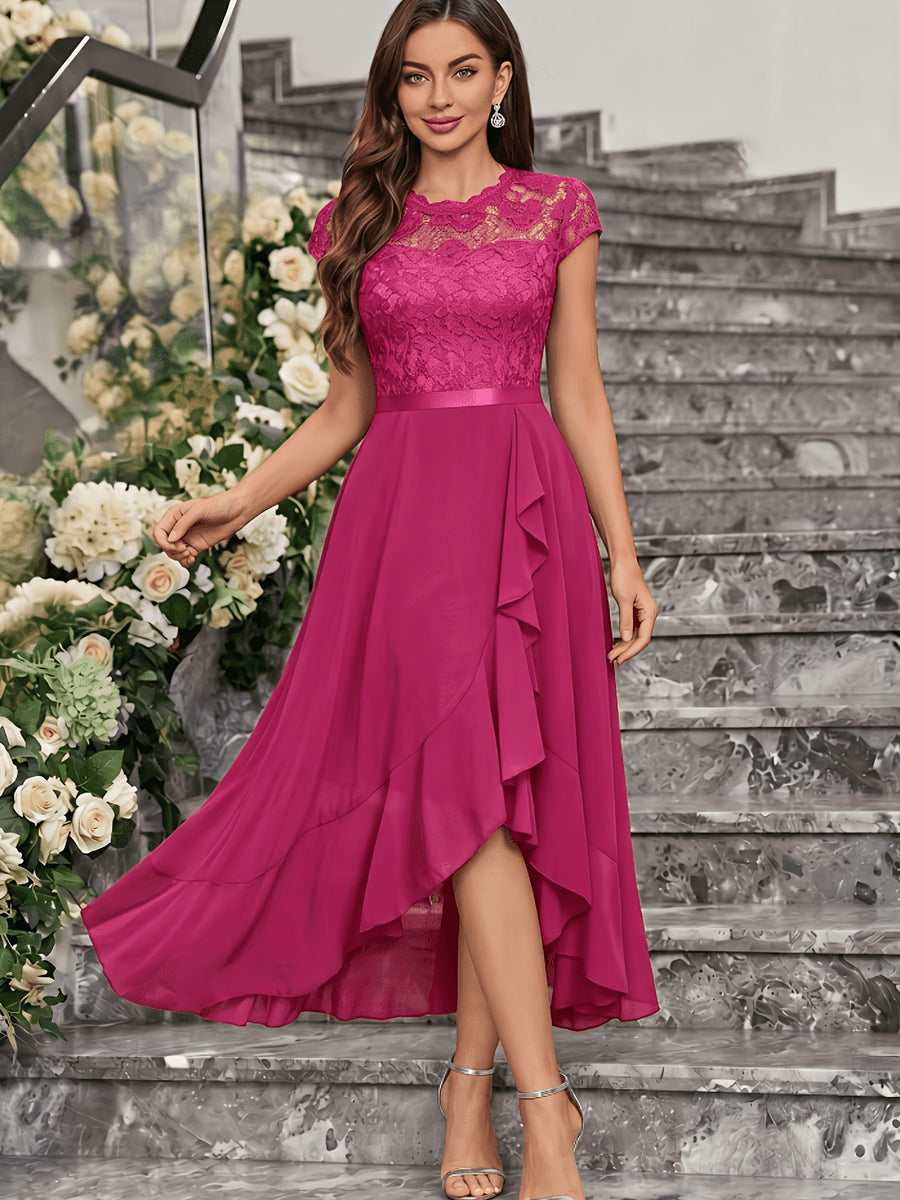 Global Latest Style French Christmas Exclusive Women'S Wear Elegant Dress Slim Lace Hollow Out Patchwork Solid Color No Print Wedding Guest Outfit Short Sleeve Round Neck Dress - Peach