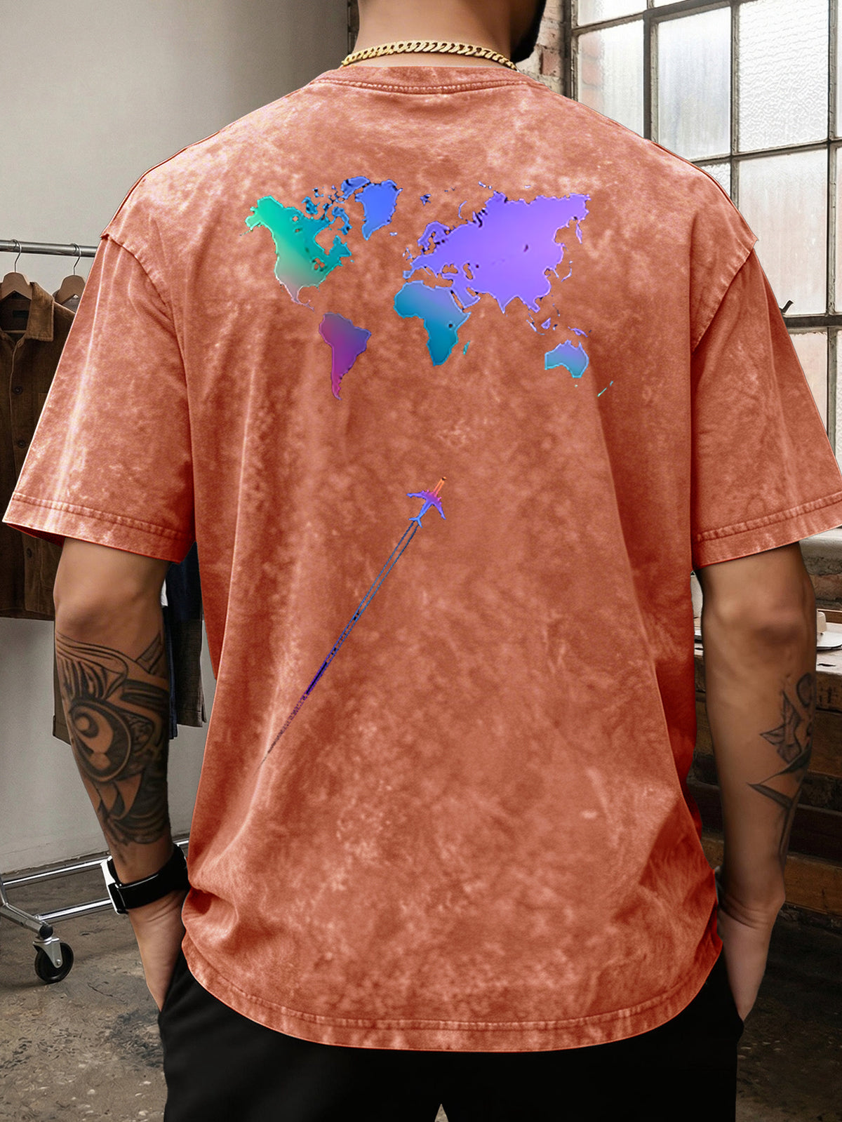 Men's Heavyweight T-Shirt Washed Distressed Gradient World Map Airplane Fashion Print Vintage Heavy Cotton Streetwear High Street Style Summer Casual Versatile Gym Fitness Daily Commute Tee 2026 Urban Fashion - Orange