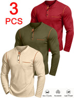 3pcs Men'S Henley Long Sleeve T-Shirt Set, Spring/Autumn New Color-Block Decorative Pocket Top, Half-Button Casual Shirt, Skin-Friendly Breathable Lightweight Fabric, Comfortable Stretch, Multi-Color Combination, Casual All-Match - Khaki+Army Green+Wine Red