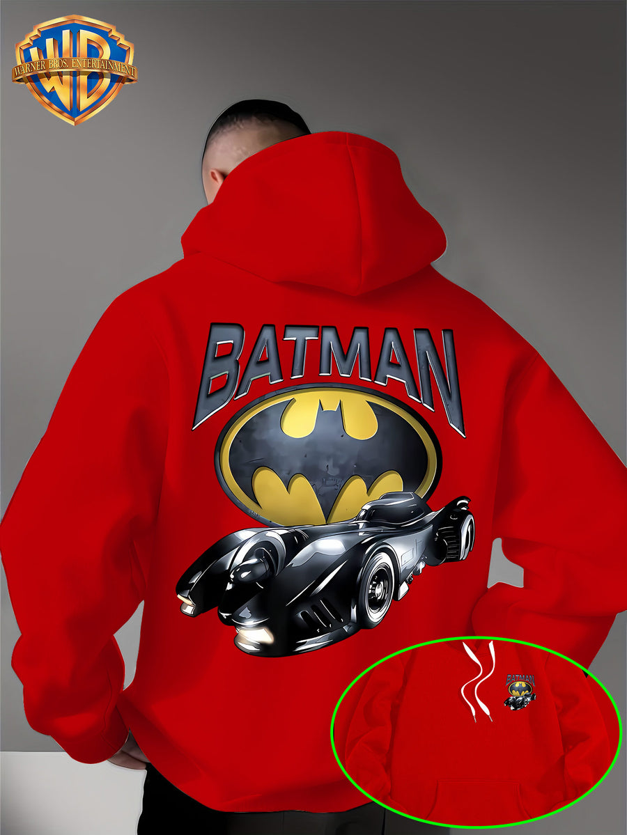 Batman Batmobile Print Hoodie, DC Movie Front-Back Print Loose Trendy Sweatshirt, Streetwear Casual Men'S Adjustable Drawstring Hoodie, Comfortable Casual Fall/Winter Wear, Fleece-Lined Warm, Suitable for Sports, Outdoor, Outings, Travel - Red