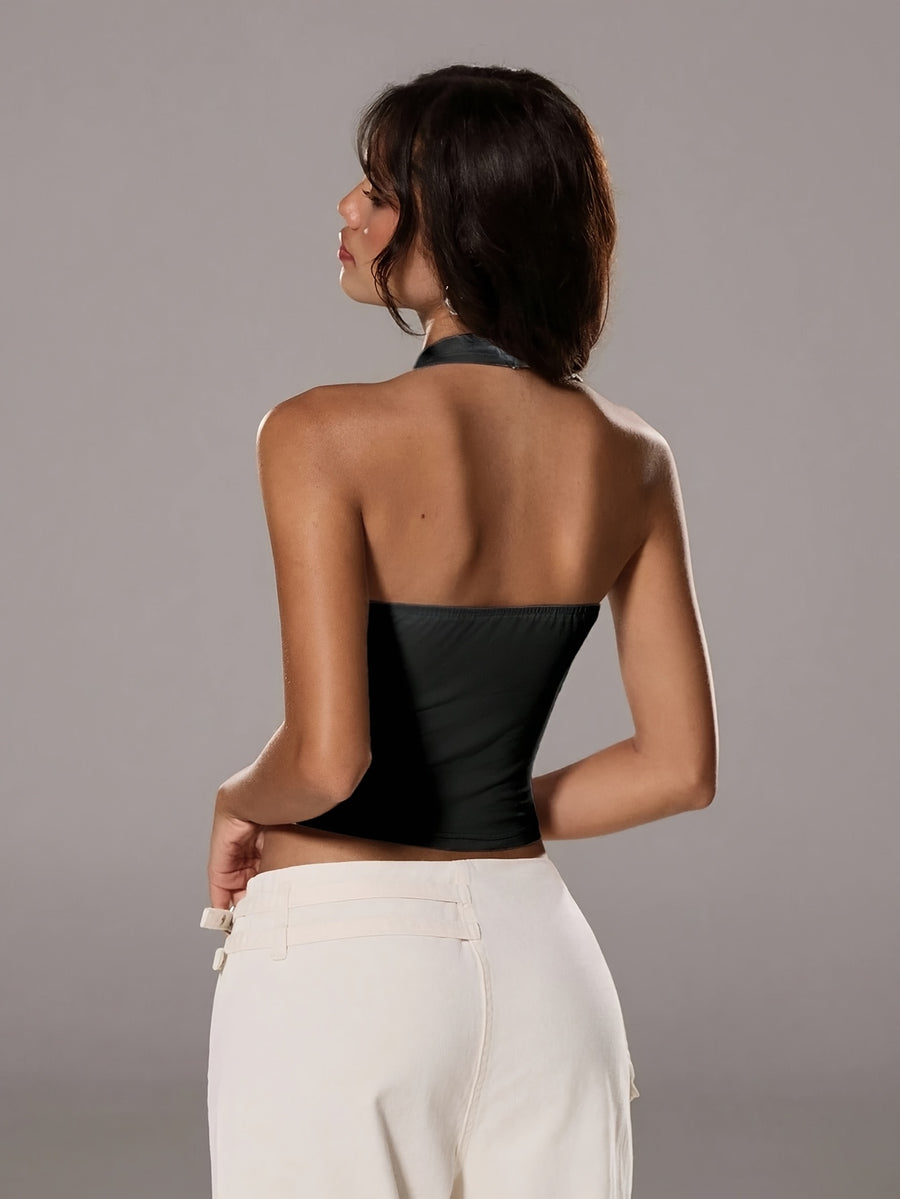 Yaco Street Style Backless Ring Trim Black Women'S Suspender Vest, Spring And Summer Style - Black