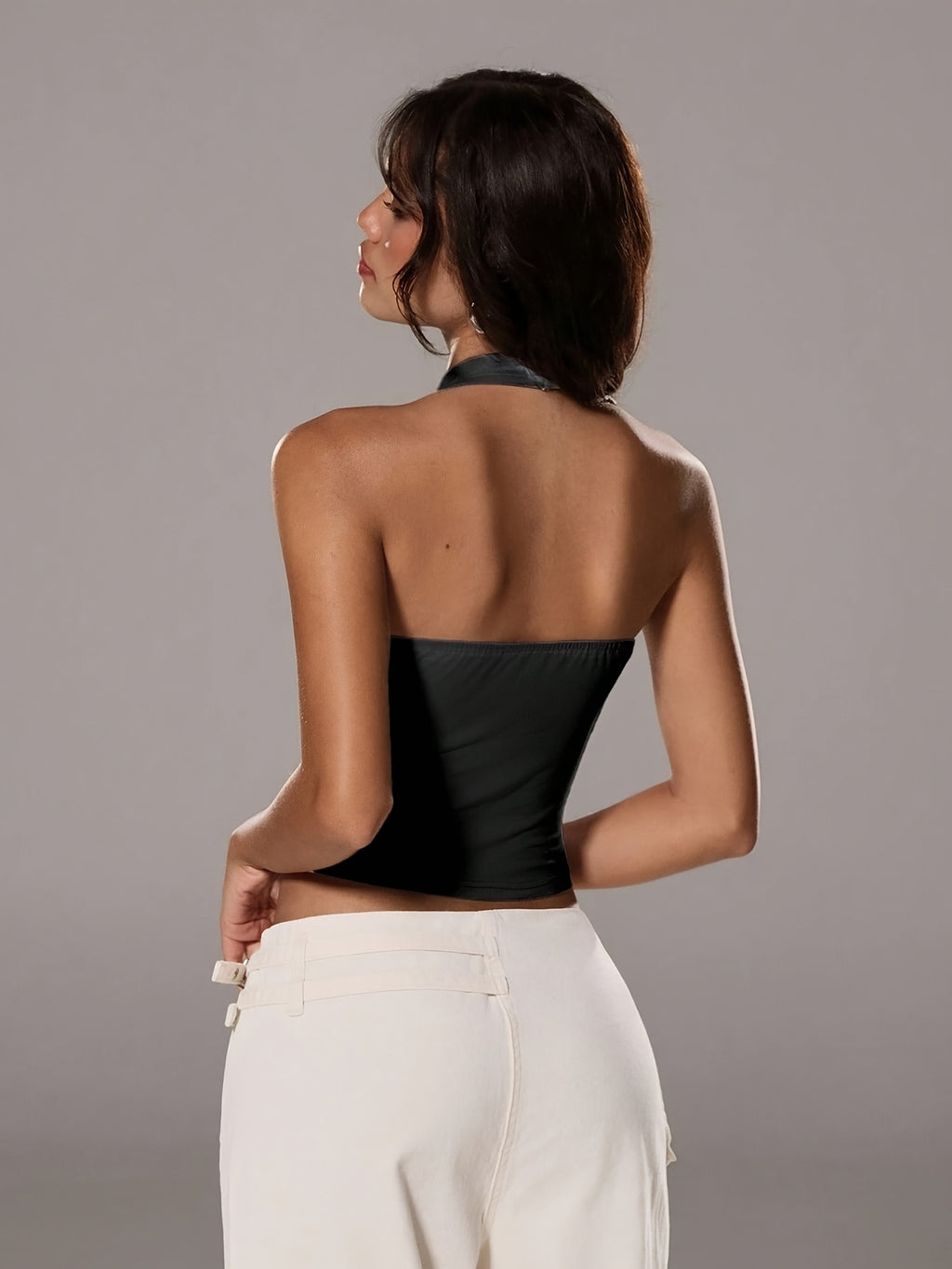 Yaco Street Style Backless Ring Trim Black Women'S Suspender Vest, Spring And Summer Style - Black