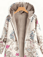 Autumn Winter New Women'S Mid-Length Hooded Fleece Pocket Coat Retro Floral Warm Casual Commuter Zipper Printed Coat - Multicolor