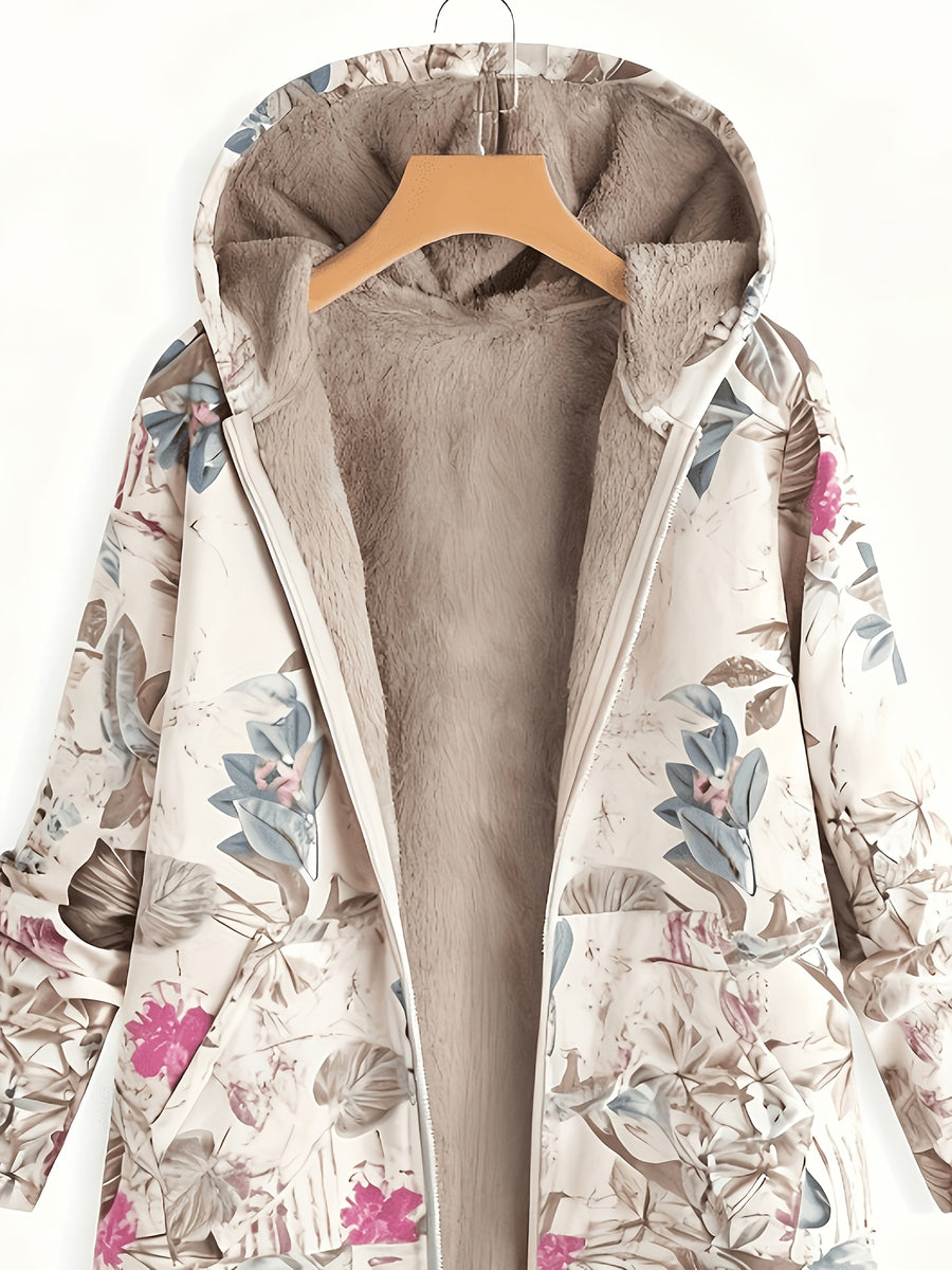 Autumn Winter New Women'S Mid-Length Hooded Fleece Pocket Coat Retro Floral Warm Casual Commuter Zipper Printed Coat - Multicolor