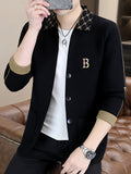 Du Jing Lan OBM Spring/Autumn New Arrival Men's Knit Cardigan, Old Money Style Contrast Color Lapel Pocket Open Front Button Knit Cardigan, Men's Business Casual Fashion Open Front Knit Cardigan Top, with Neckline Design + Letter Embroidery - Black