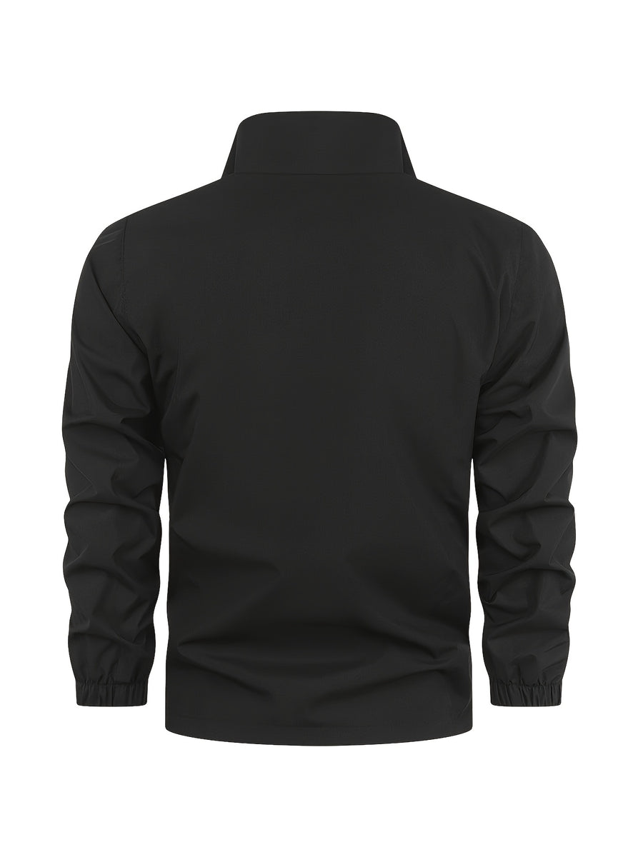 GK Minimalist Uppercase Letter Pattern Full-Zip Stand Collar Windproof Jacket, Unisex Spring/Autumn Lightweight Luxury Business Casual Outerwear - Black