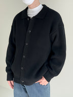 Men's Casual Knit Cardigan - Solid Color, Button-Up with Lapel Collar, Loose Fit for Fall/Winter - Black