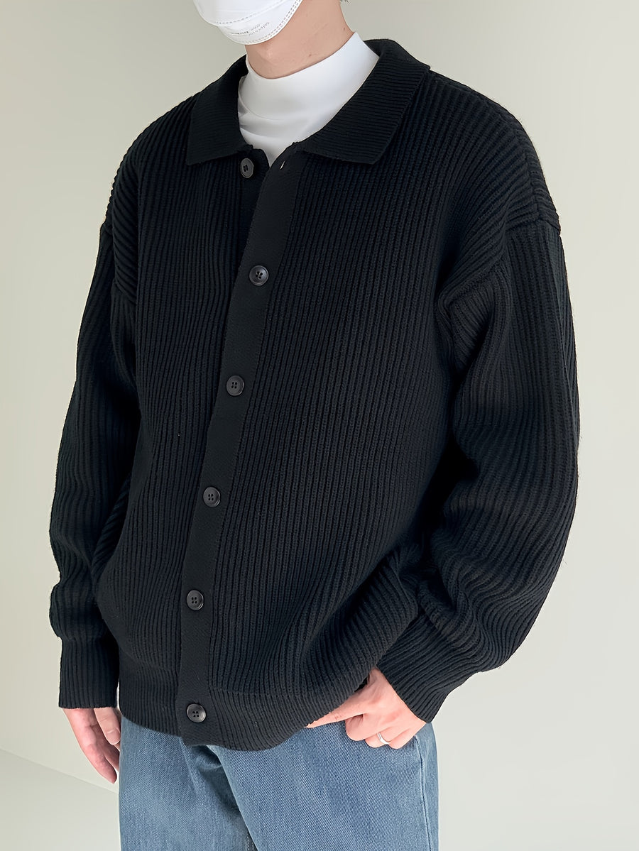 Men's Casual Knit Cardigan - Solid Color, Button-Up with Lapel Collar, Loose Fit for Fall/Winter - Black