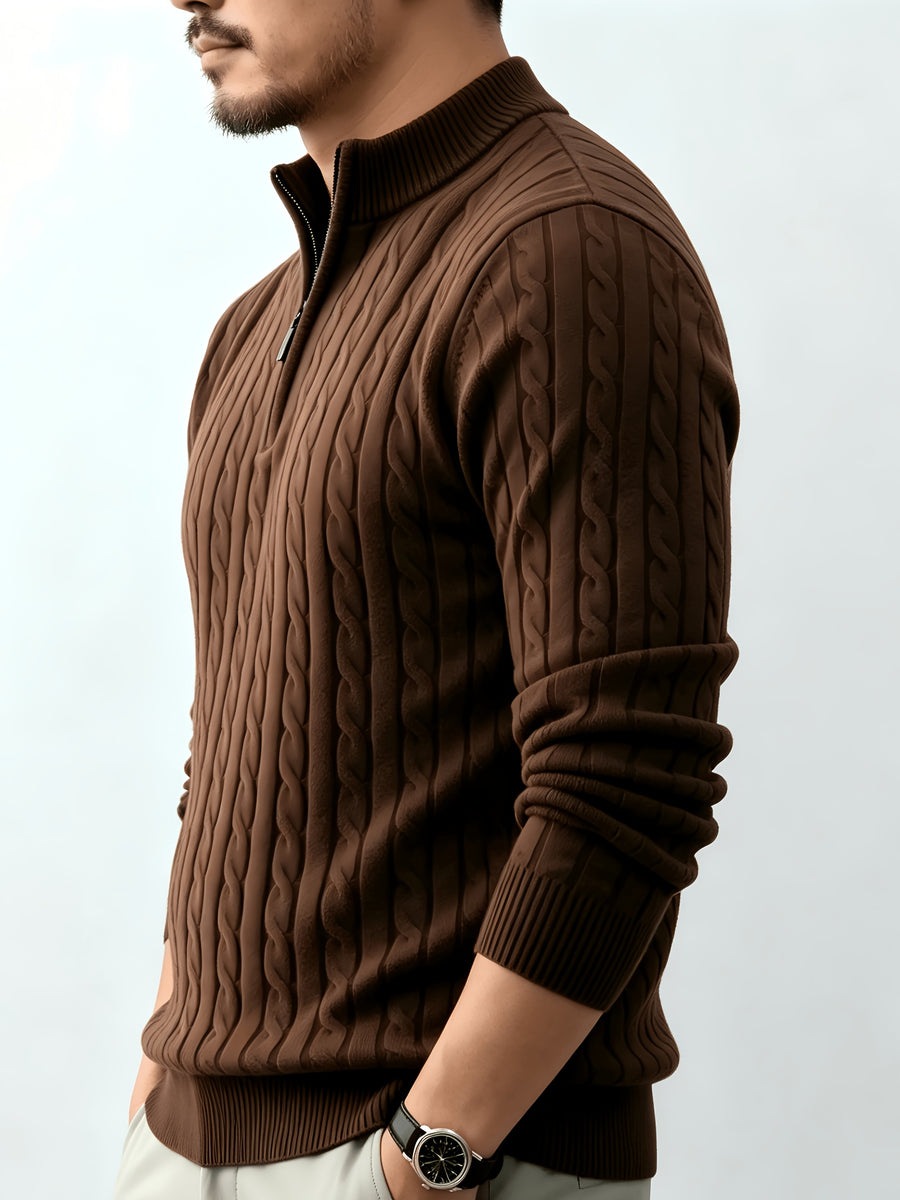 Men's Relaxed-fit Spring and Autumn Style with a Chic Half-zipper Design for a Casual, Laid-back Look. The Exquisite Cable-knit Texture Adds a Vintage Touch, While the Solid Color Offers a Calm and Sophisticated Vibe, Perfect for Creating a Casual - Coffee Color