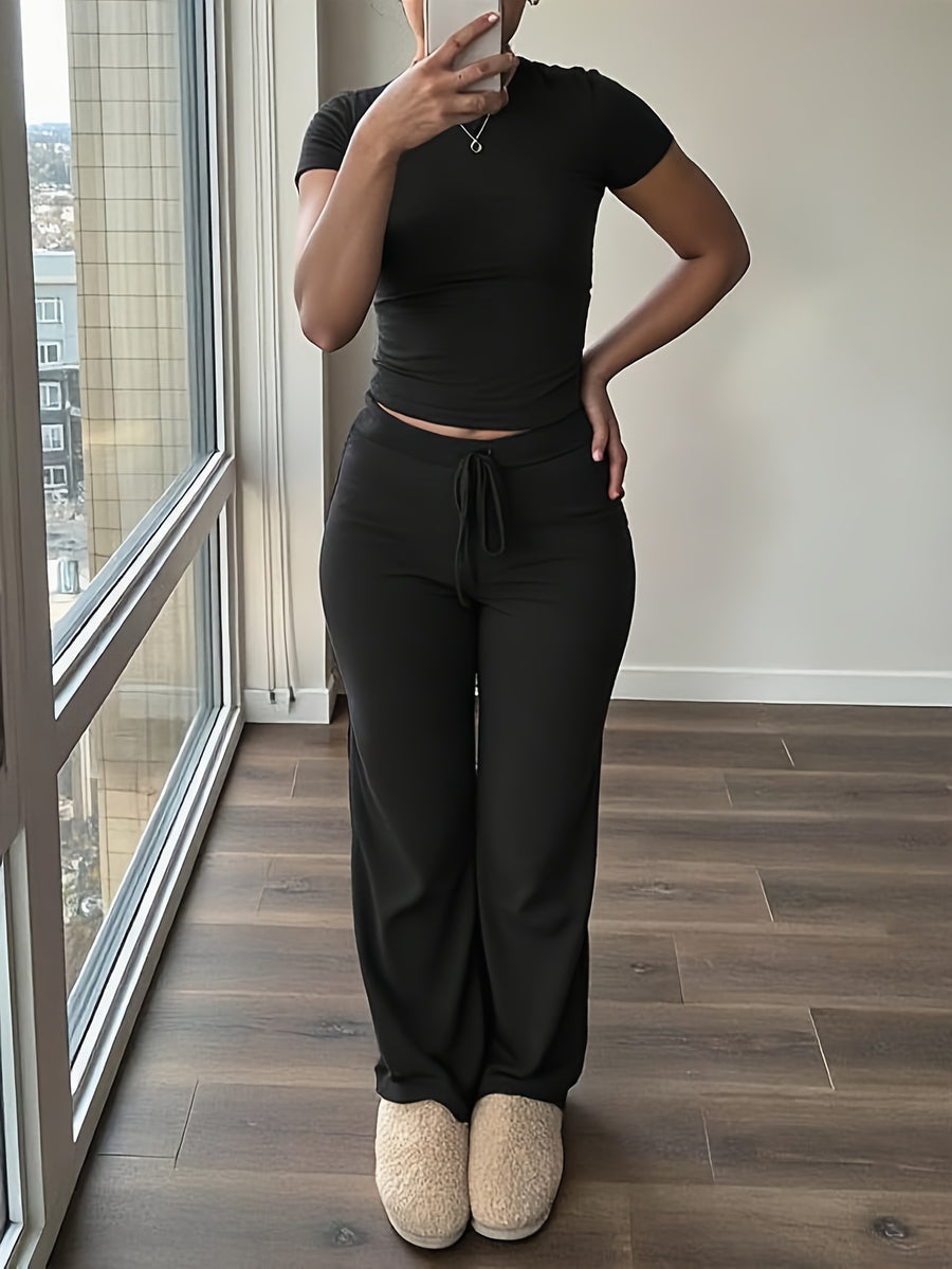 Women'S 2pcs Short Sleeve Top And Wide-Leg Pants Set, Fake Drawstring Waistband, Casual All-Season Outfit, Comfortable Home Wear, Daily Attire, Casual Style, Short Sleeve Top, Women'S Set, Women'S Clothing, Fashion Top, Autumn Women'S Wear - Black