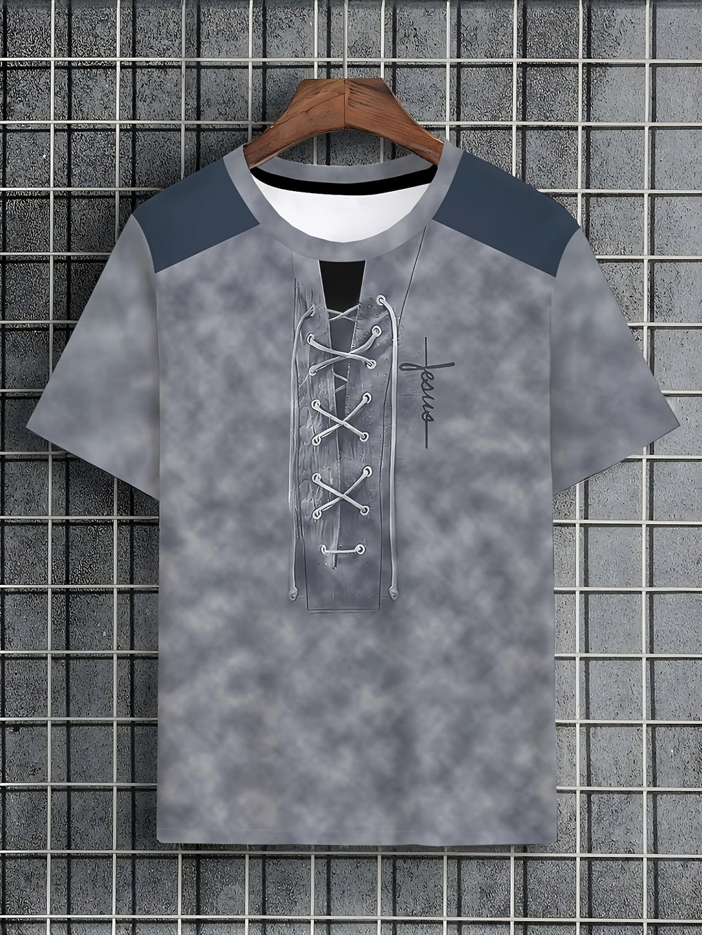 Men's Casual Short-Sleeve T-Shirt with Faux Drawstring Collar - Round Neck Summer Shirt, Suitable for Warm Weather, Machine Washable Opaque Blouse-Compatible (No Transparency) for Casual Attire & Layering - Slate Grey