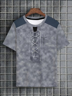 Men's Casual Short-Sleeve T-Shirt with Faux Drawstring Collar - Round Neck Summer Shirt, Suitable for Warm Weather, Machine Washable Opaque Blouse-Compatible (No Transparency) for Casual Attire & Layering - Slate Grey