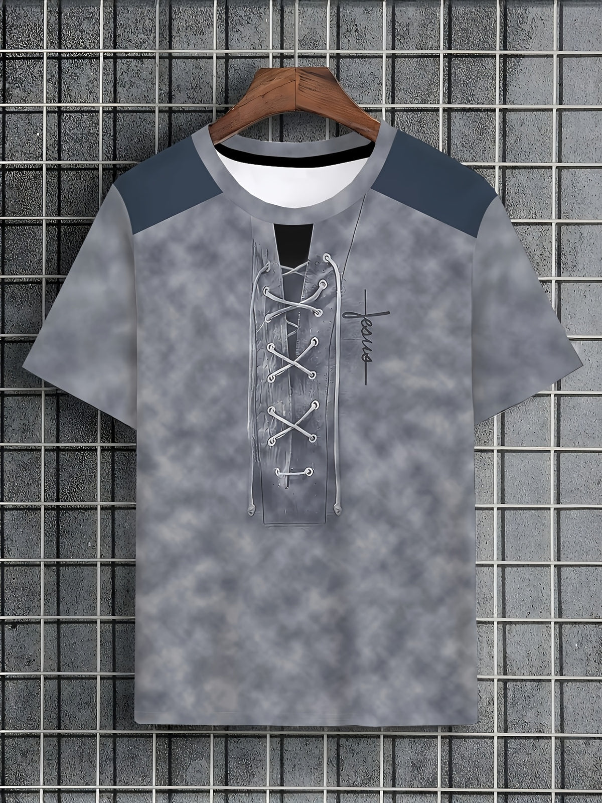 Men's Casual Short-Sleeve T-Shirt with Faux Drawstring Collar - Round Neck Summer Shirt, Suitable for Warm Weather, Machine Washable Opaque Blouse-Compatible (No Transparency) for Casual Attire & Layering - Slate Grey