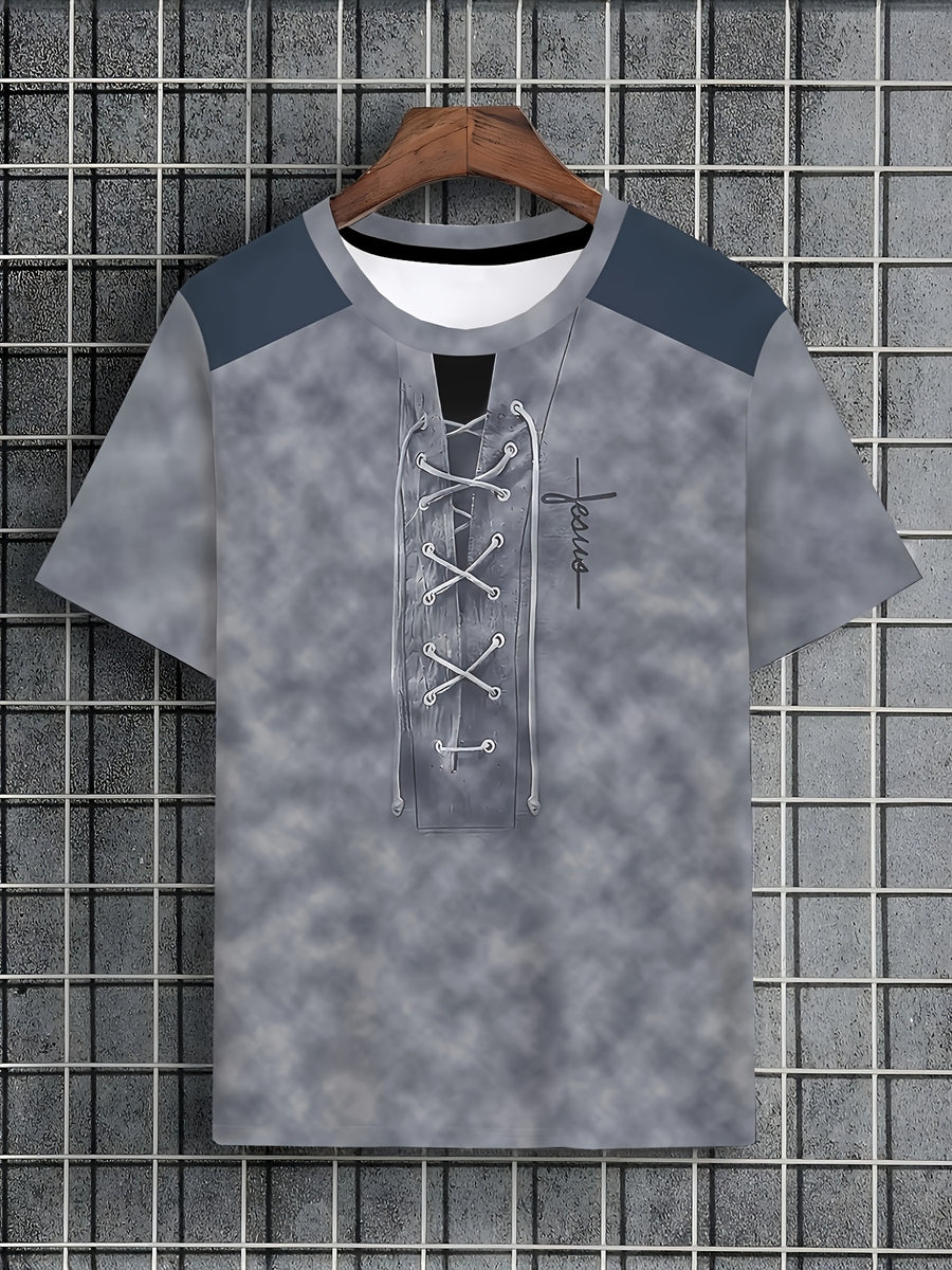 Men's Casual Short-Sleeve T-Shirt with Faux Drawstring Collar - Round Neck Summer Shirt, Suitable for Warm Weather, Machine Washable Opaque Blouse-Compatible (No Transparency) for Casual Attire & Layering - Slate Grey
