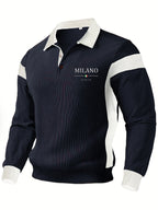Pearson OBM Spring/Autumn Men's New Chic Color-Block Printed Lapel Polo Shirt, Versatile and Stylish, Suitable for Daily Casual Wear and Various Outdoor Occasions - Navy Blue-M