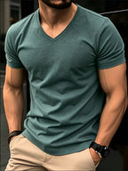 Men'S Basic V-Neck Short Sleeve High-Stretch Slight-Stretch Men'S T-Shirt 190G Regular Fit Commuter Base Layer Versatile Basic Style - Dark Green