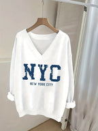 NYC, New York City Pattern Print Women's Autumn/Winter V-Neck Long-Sleeve Sweatshirt, Warm and Comfortable, Stylish and Casual, The Best Fashion Item for Autumn/Winter, Women's Autumn/Winter Sweatshirt - White