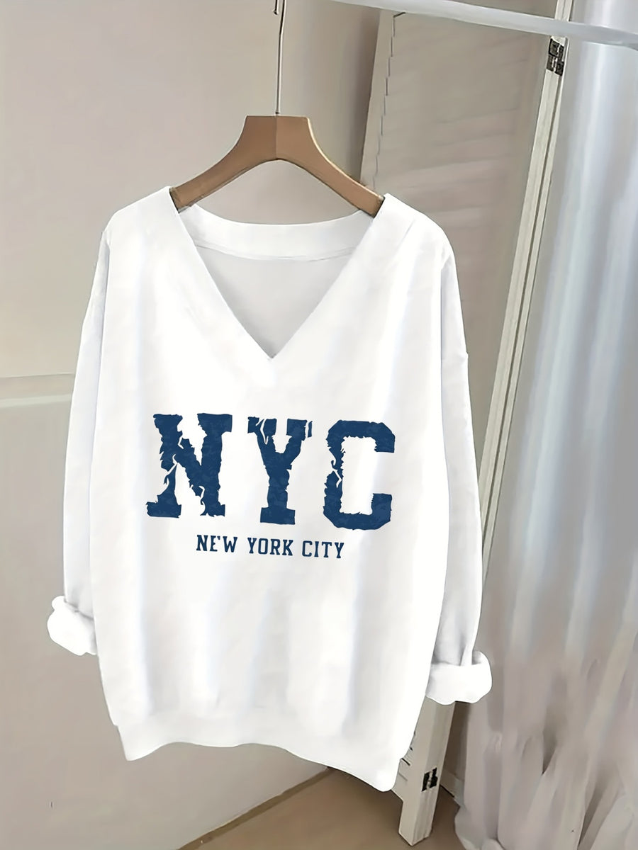 NYC, New York City Pattern Print Women's Autumn/Winter V-Neck Long-Sleeve Sweatshirt, Warm and Comfortable, Stylish and Casual, The Best Fashion Item for Autumn/Winter, Women's Autumn/Winter Sweatshirt - White
