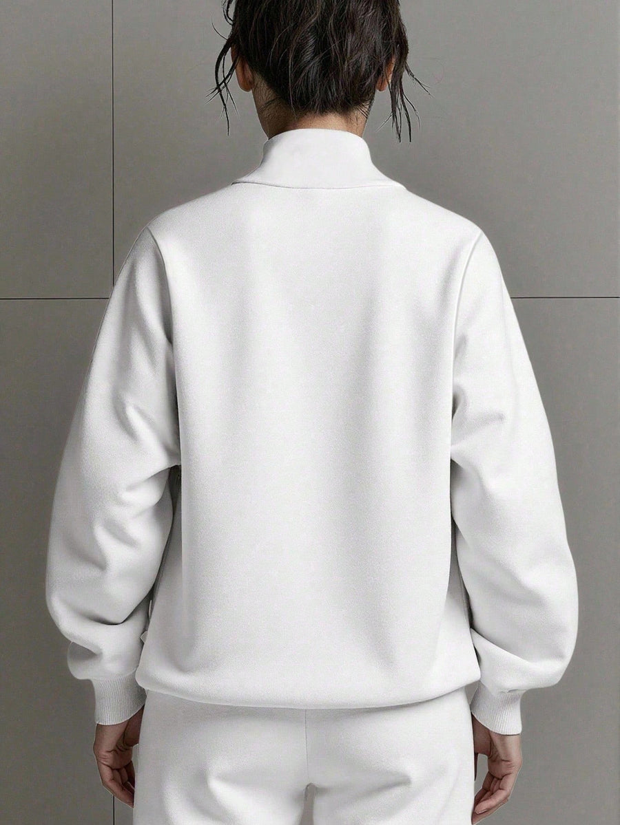 Fall Winter Fashion Women'S Casual Versatile Solid Round Neck Zip-Up Sweatshirt - White