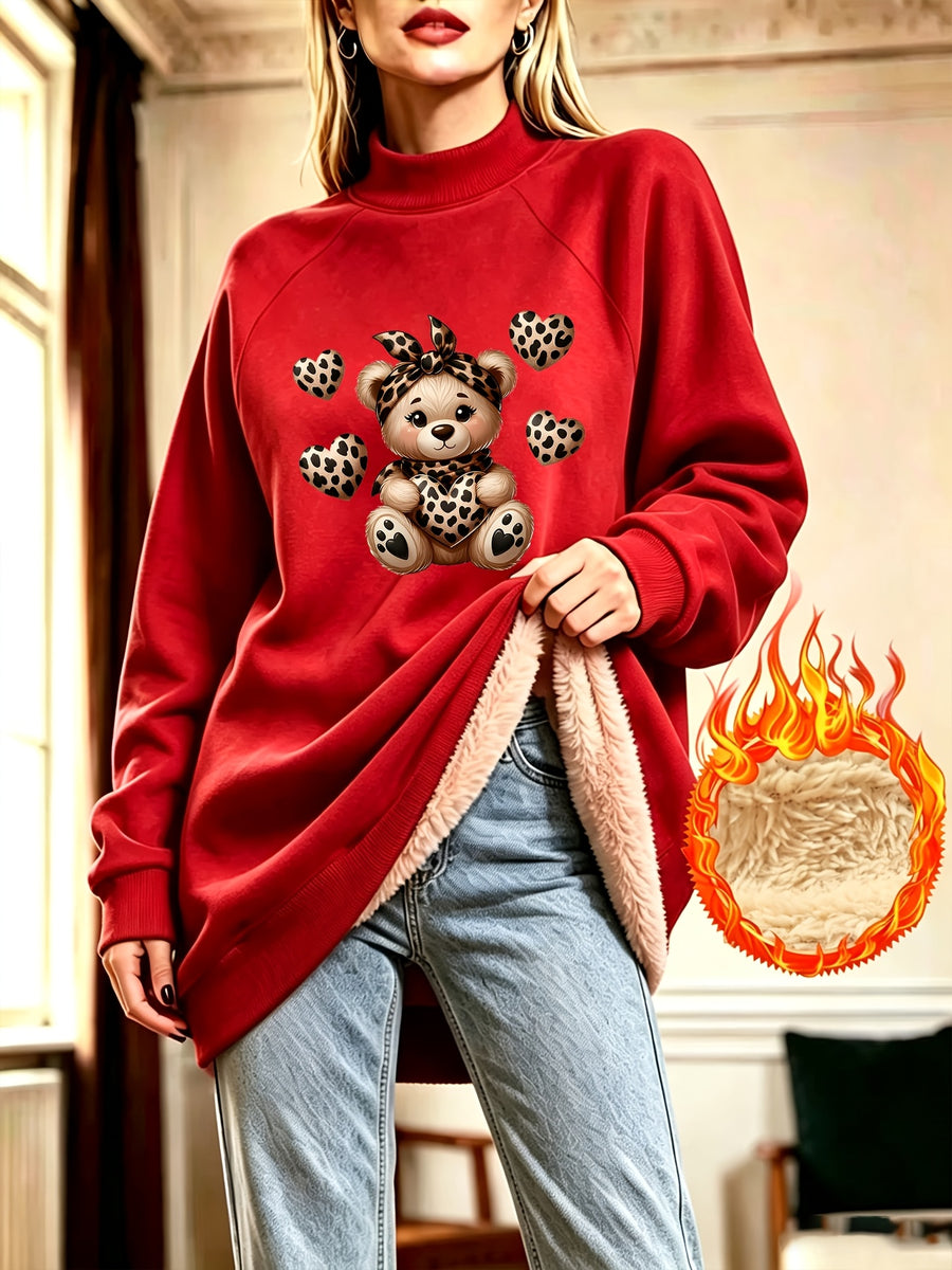 Leopard Print Bow Bear Heart Pattern Half-Neck Long Plush Fleece Sweatshirt Women'S Loose Casual Sweatshirt Dress - Red