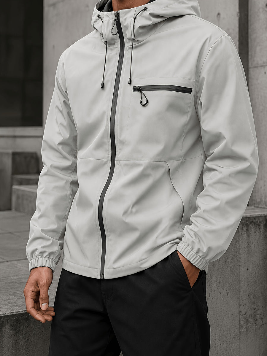 Men's Hooded Functional Jacket, Outdoor Casual Windproof Outerwear, Stand Collar Zipper Multi-Pocket Top, Spring/Autumn Urban Commuting Sports Jacket - Grey