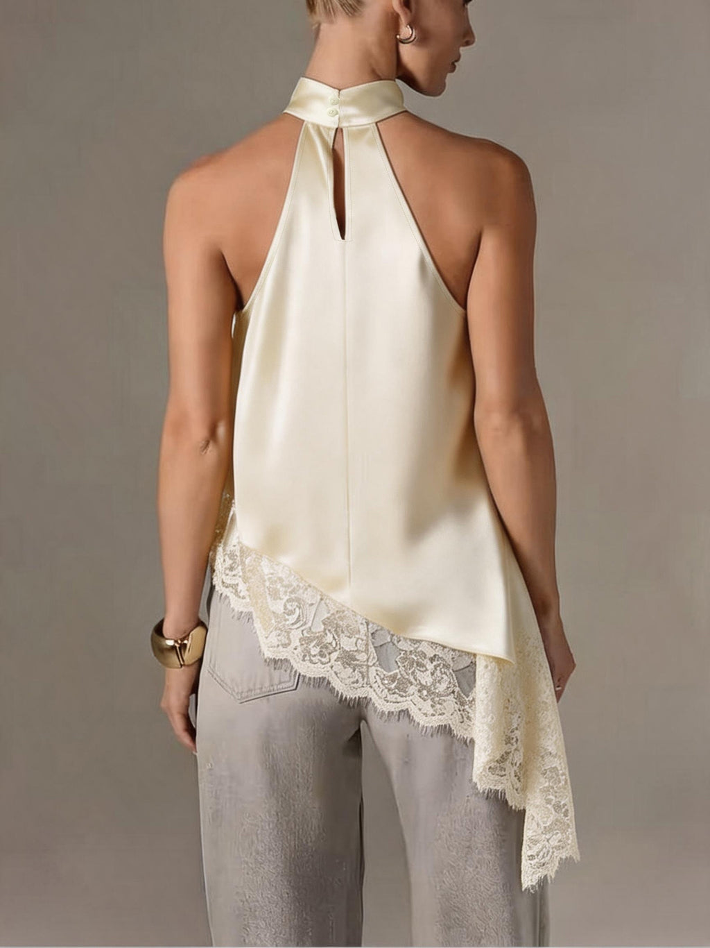 Directional Style Irregular Patchwork Lace Neckline Halter Elegant Temperament Top Halter Vest - Apricot