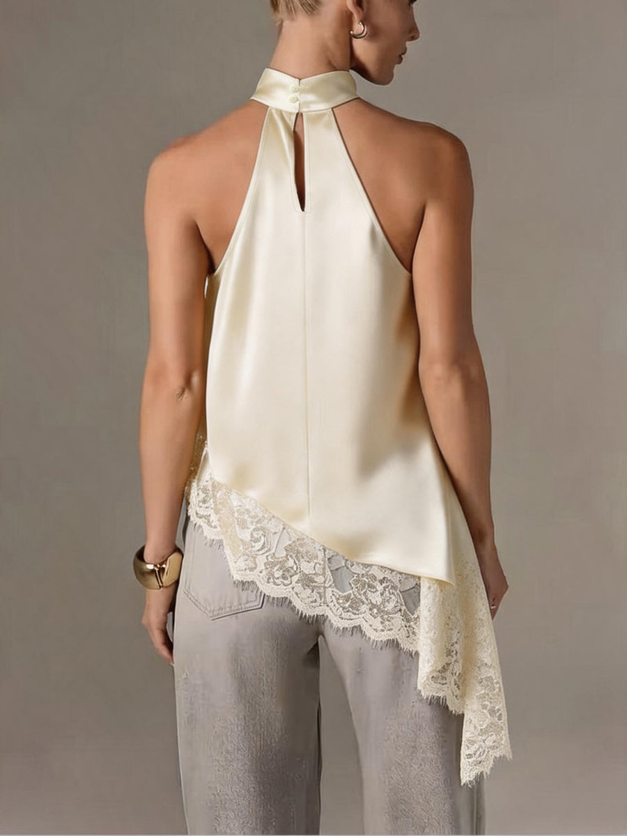 Directional Style Irregular Patchwork Lace Neckline Halter Elegant Temperament Top Halter Vest - Apricot