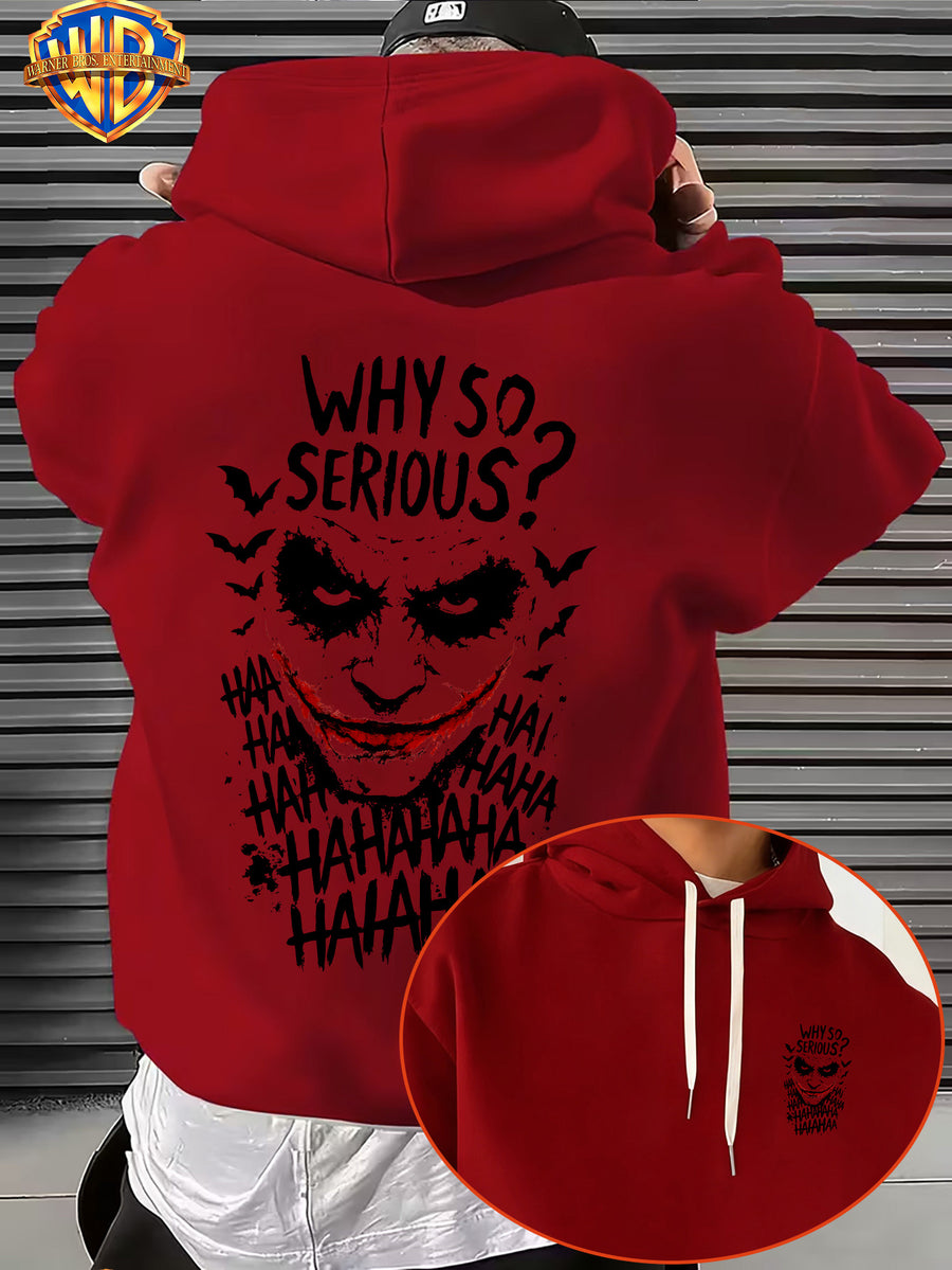 Licensed by Warner Bros., Trendy Cool Dark Distressed Joker Head, Classic Quote Slogan Bat Silhouette Street Retro Graffiti Trendy Cool Print Men'S Fashion Hooded Sweatshirt, Sleeve Print Design, Kangaroo Pocket, Drawstring Hood - Red