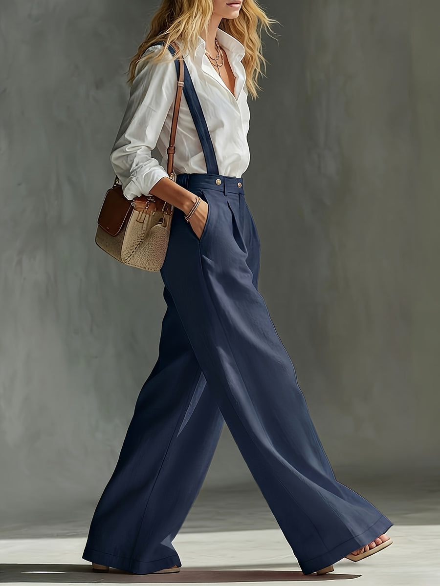Spring and Autumn High-Waist Pleated Suspender Pants, Vintage Temperament Commuter Casual Trousers - Sea Blue