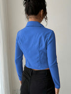 Women's Slim-Fit Lapel Zip Casual Solid Long Sleeve Shirt - Royal Blue