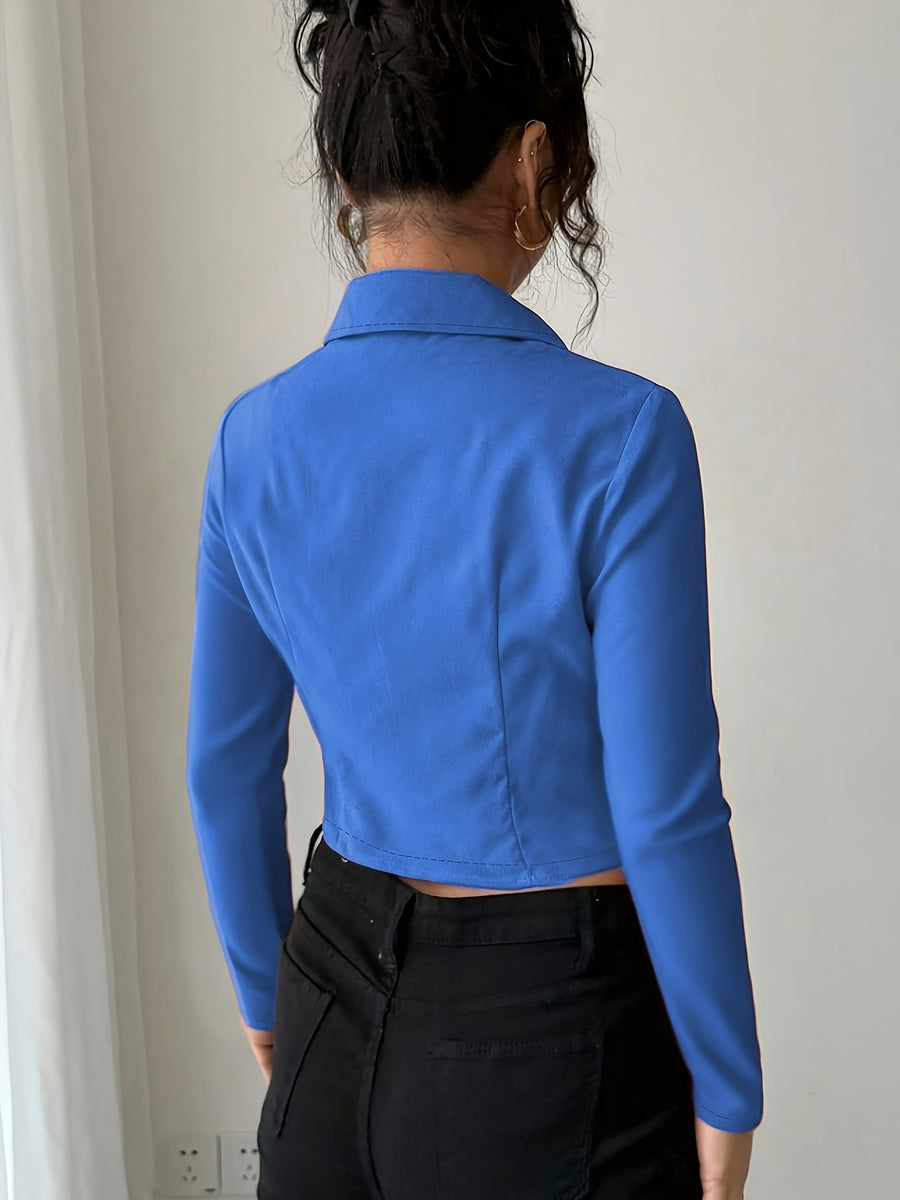 Women's Slim-Fit Lapel Zip Casual Solid Long Sleeve Shirt - Royal Blue