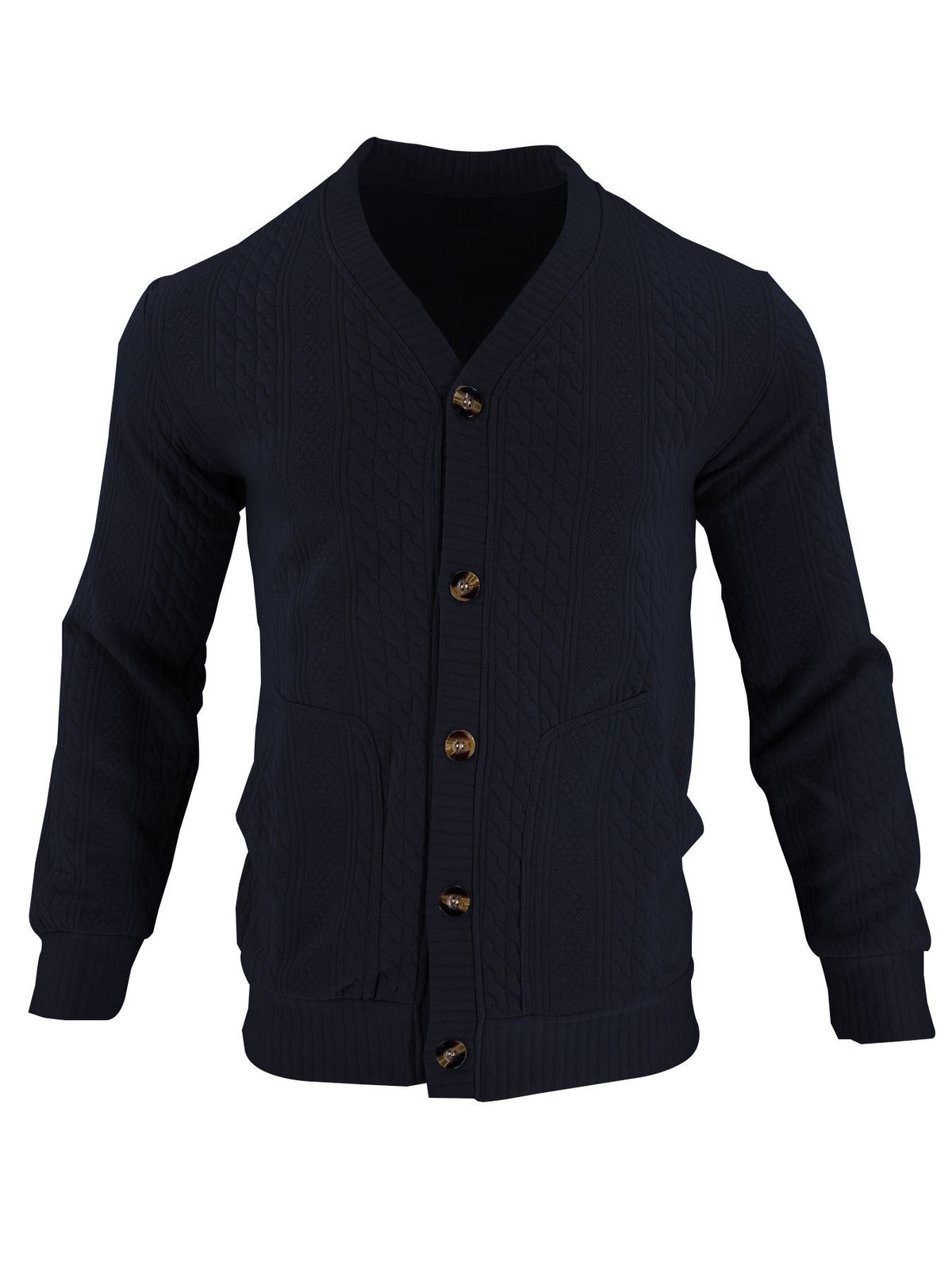 Men'S Casual V-Neck Cardigan Jacket, Retro 3D Jacquard Texture, Button-Front with Double Pockets, Knit Fabric Long Sleeve Top for Commute, Shopping, And Social Gatherings, Light Casual Business Style, Spring/Autumn Relaxed Fit - Navy Color