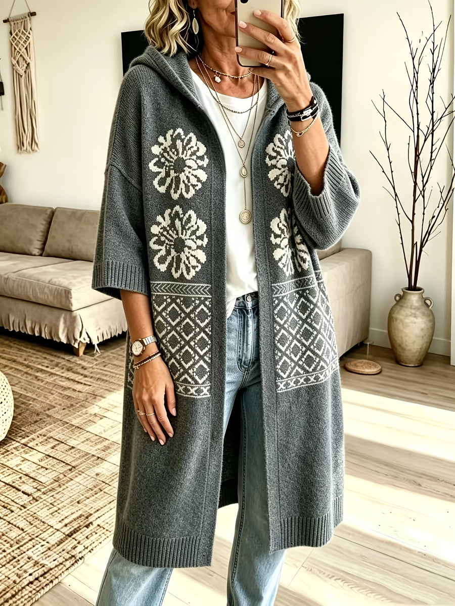 Plus Size - Women'S Elegant Fair Isle Sweater Hooded Long Coat, Suitable for Autumn And Winter, Loose Fit Women'S Long Hooded Jacket, Casual Wear, Festive Wear, And Commute Wear, Christmas Women'S Sweater Coat, Suitable for Curvy Women - Grey