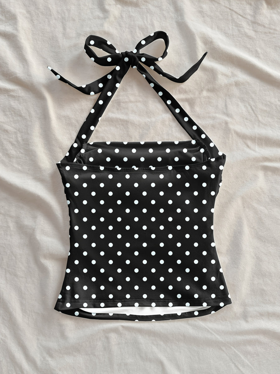 Women's Fashion Casual Floral Black Polka Dot Pattern Halter Neck Cropped Bodycon Tank Top for Summer Vacation - Black