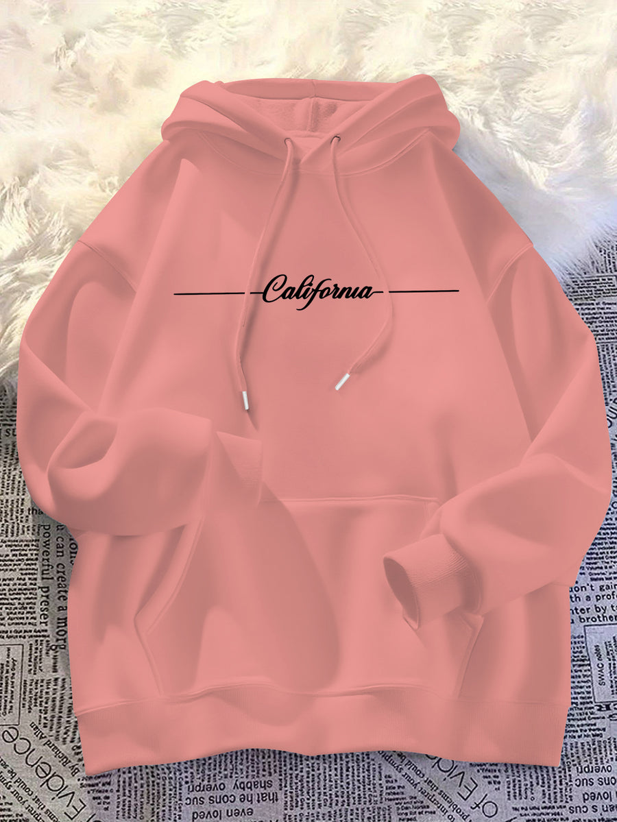Men's Cursive Handwritten Horizontal Line Decorative Print Hooded Sweatshirt, Simple and Trendy Black Pullover Top for Men - Pink Color