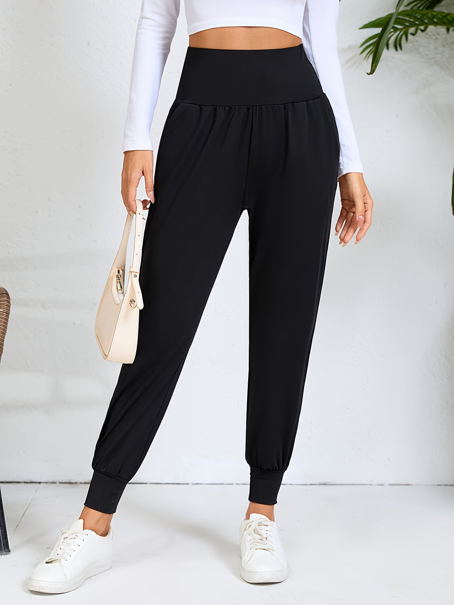An Elegant Women's Casual High-waisted Pants with Slant Pockets. Women's Pants and Cuffed Long Pants for Spring, Summer, and Autumn - Black