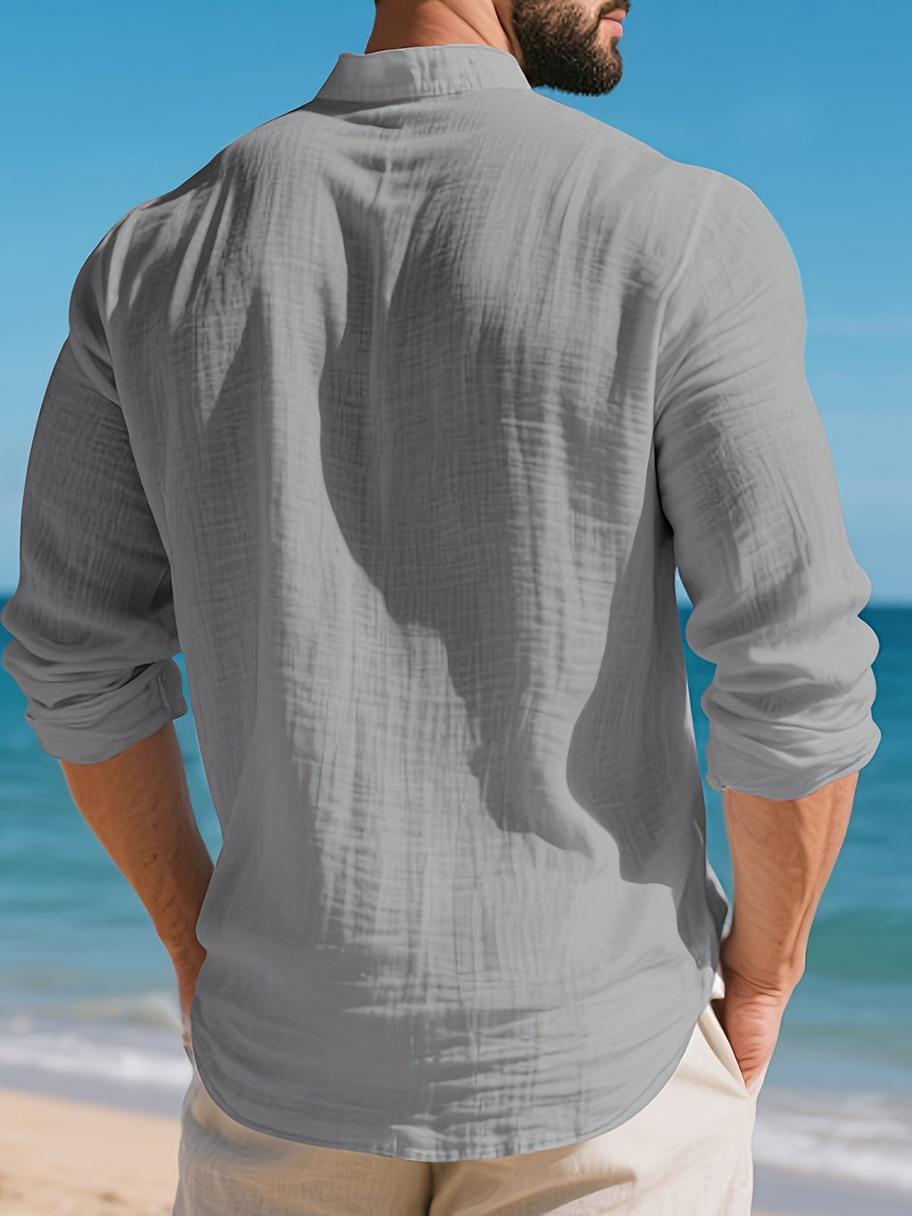 Men'S Textured Henley Shirt, Long Sleeve Casual Pullover with Stand Collar, Button Placket And Chest Pocket, Lightweight Relaxed Fit Top for Beach Vacation, Resort Travel, Weekend, Outdoor Leisure, And Daily Streetwear - Grey