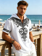 Western Retro Men'S Hooded Short Sleeve Shirt Thin Breathable Totem Print Half-Button Loose Casual Beach Vacation Men'S Clothing - White