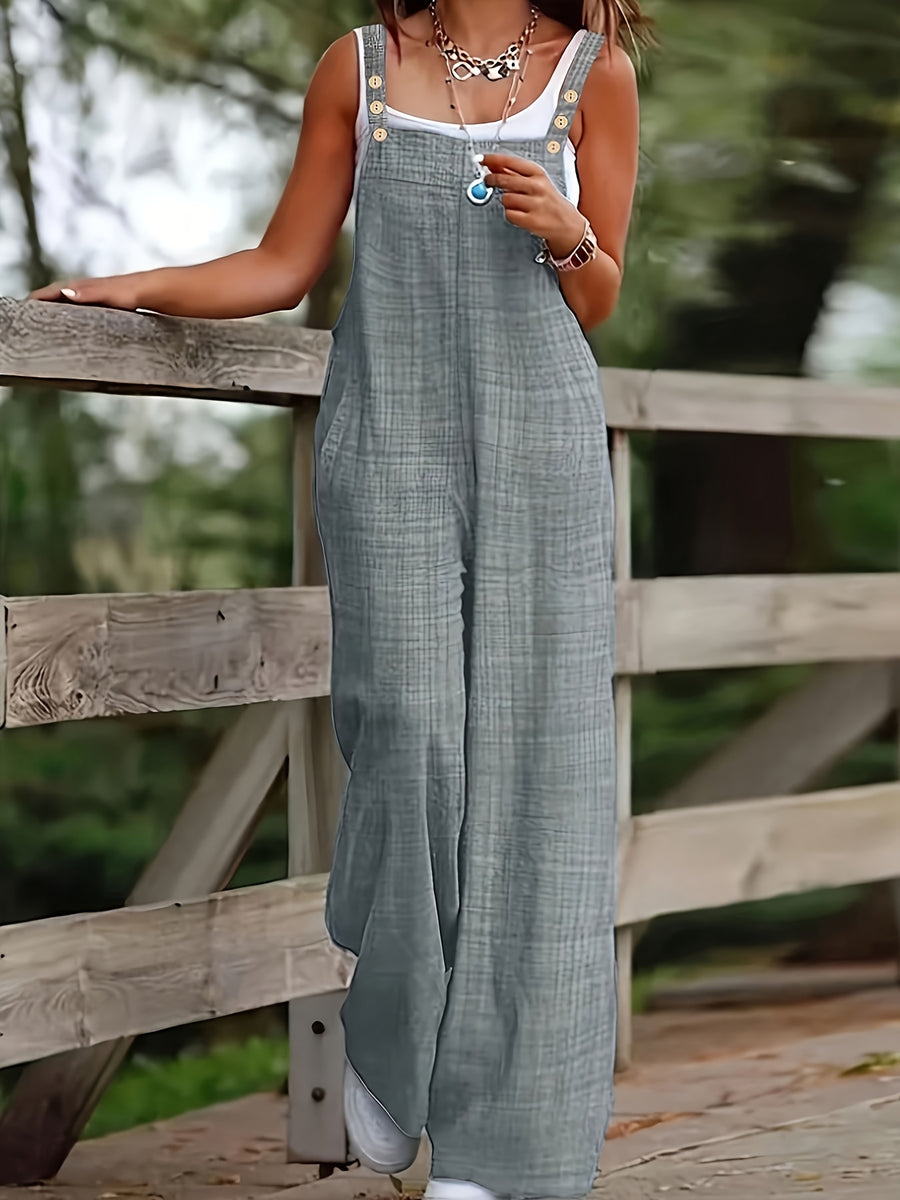 Women's Vacation Wide-Leg Jumpsuit - Sleeveless with Adjustable Buckle Straps, Pockets Included, Machine Washable, Solid Color - Grey